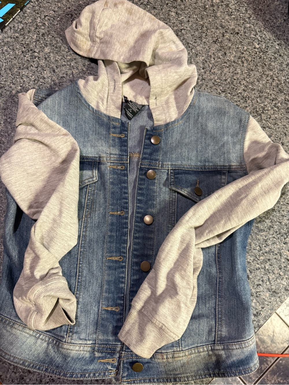 Kids Denim Jacket with Heather Gray Hoodie Sleeves
